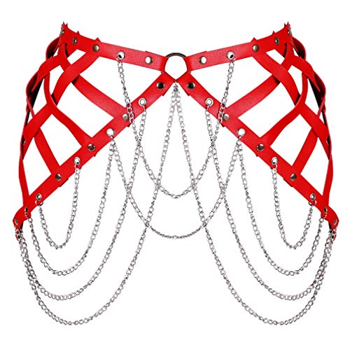 BBOHSS Damen Leder Body Harness Gürtel Karneval Punk Gothic Metallkette Gürtel Tanz Halloween Kostüm Zubehör (rot) Cover