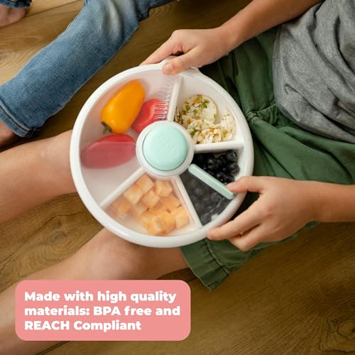 Image of GoBe Kids Large Snack Spinner Slide Bundle with Hand Strap and Sticker Sheet - Reusable Snack Container with 4 Compartment Dispenser and Lid | BPA /PVC Free | Dishwasher Safe | No Spill - Coral Pink
