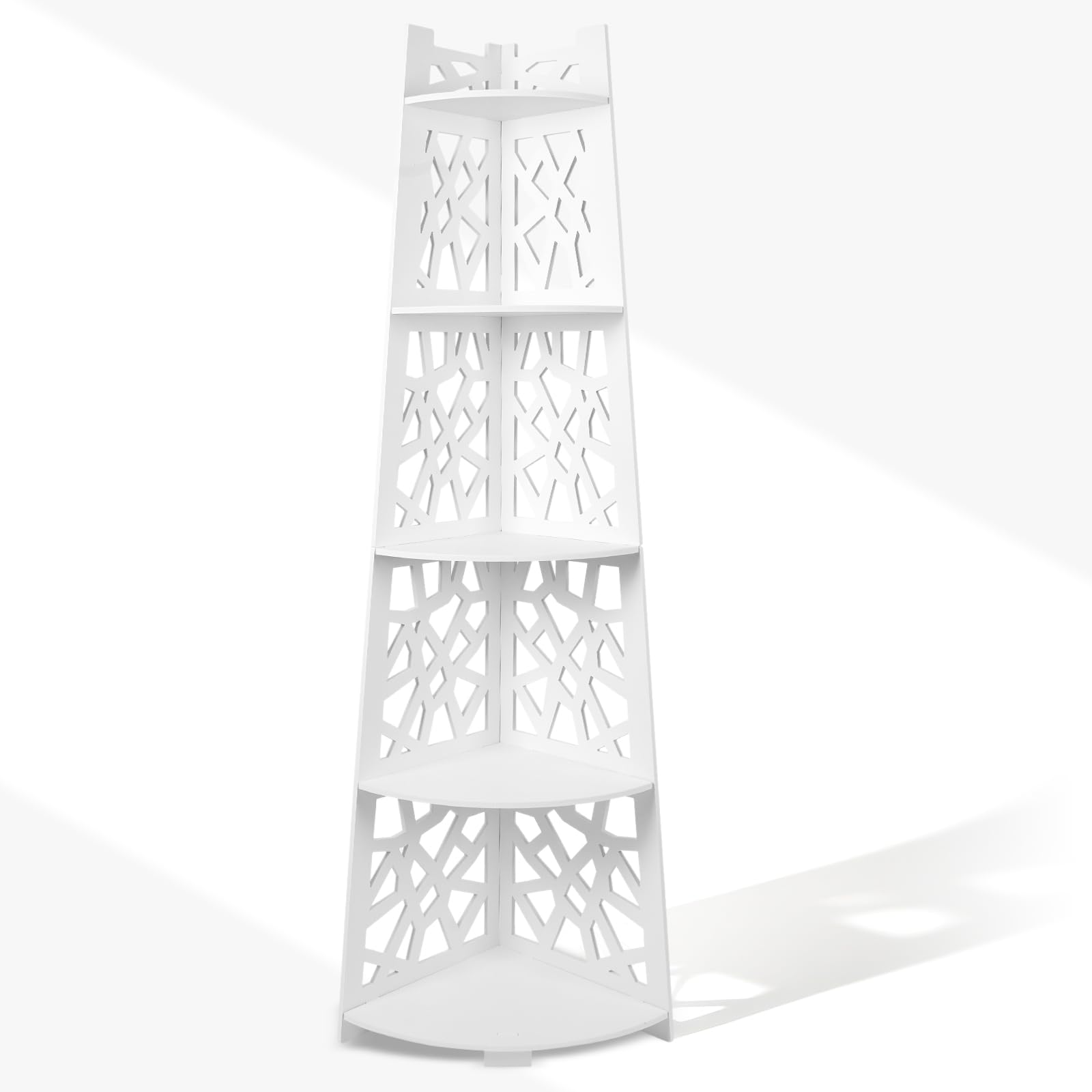 GUFY LAXMO 5-Tier Floor Standing Corner Shower Caddy Organizer White WPC Bathroom Shelf Rack Space-Saving Corner Storage for
