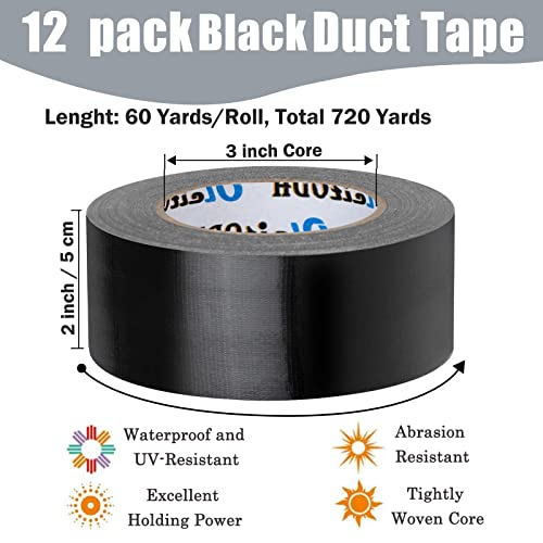 Image of Oleitodh 12 Pack Black Duct Tape Bulk 2 inch 60 Yards Each,Strong No Residue Heavy Duty Duct Tape, All-Weather, Tear by Hand, Waterproof Tape for Indoor Outdoor Use,Multi Purpose Home Repair