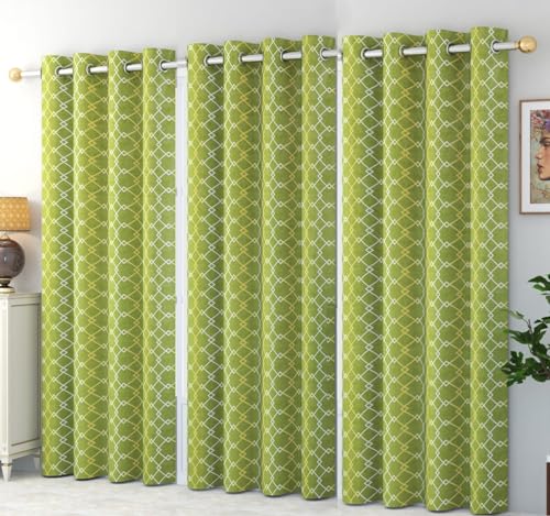 Image of Check Pattern Door Curtains for Living Room | Drawing Room Parde | Curtain Panel for Window, Green Color 7 Feet 3 Pcs Set Curtains