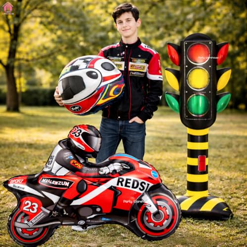 Image of Party Warehouse Racing Bike Theme Birthday Decoration Combo Set with standee Traffic Signal Prop|Motorbike Foil Balloon with Helmet, Tyre & Checkered Flag Balloon|Bikers & kids /adults party decor-36pc