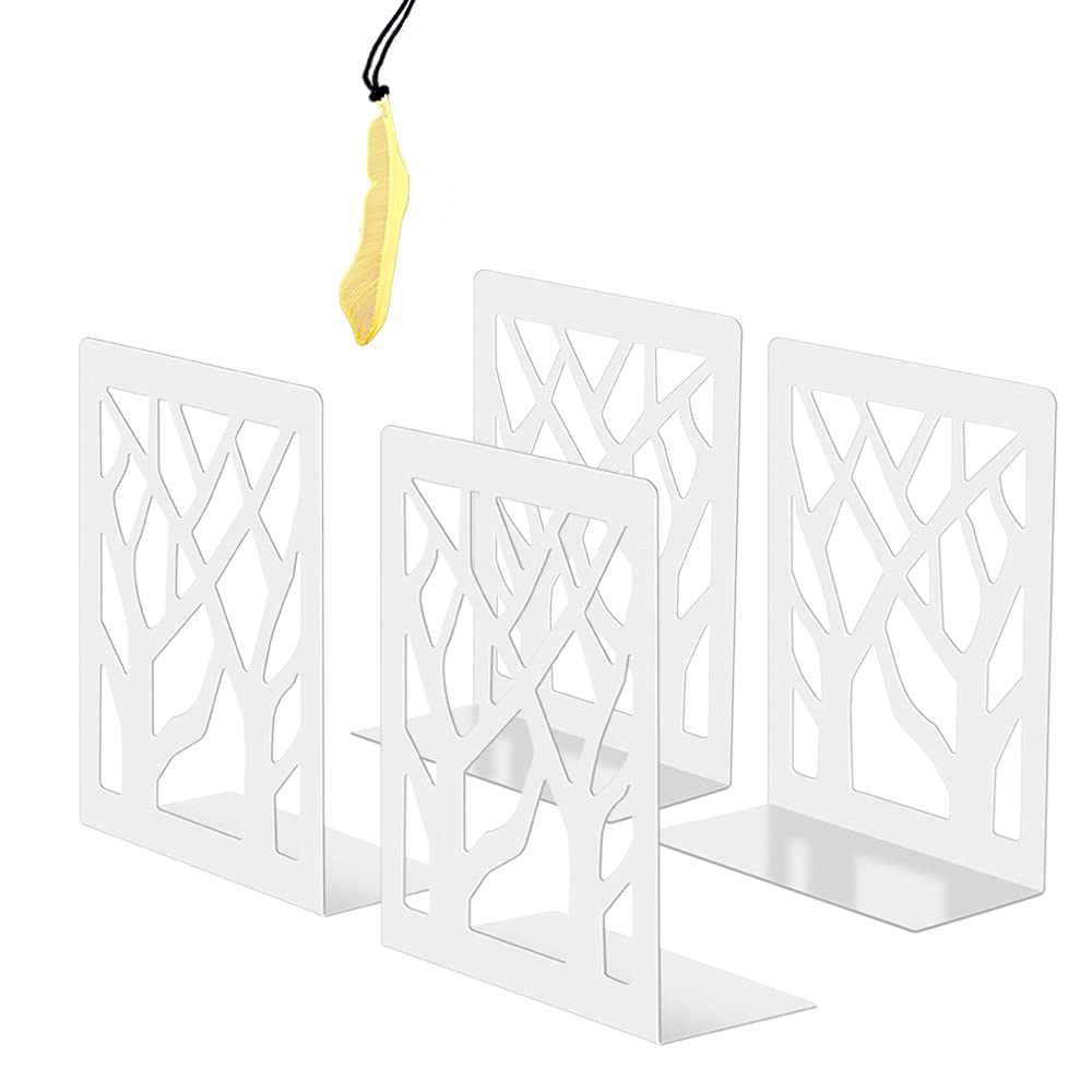 Iycnkok Sujetalibros Sujeta Libros Estantería de Metal - Apoya Soporte Libros Diseño Árbol Ideal para Infantil, Oficina, Escuelas, Decoración de Escritorio, 2 Pares Blanco