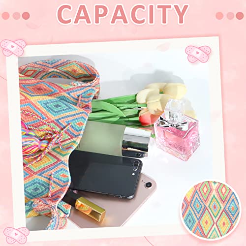 Canvas Crossbody Bags for Women, Tassels Drawstring Bucket Bag, Bohemian Handbag, Colorful plaid Tote Bag Large Capacity Travel Shoulder Bag4