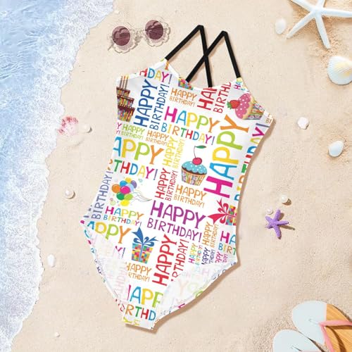 susiyo Happy Birthday Seamless Girls One Piece Swimsuits Quick Dry Swimwear Bathing Suit for Beach 3-10 T2