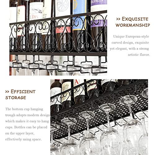 Casier à vin suspendu en métal noir 80x25 cm avec porte-verres