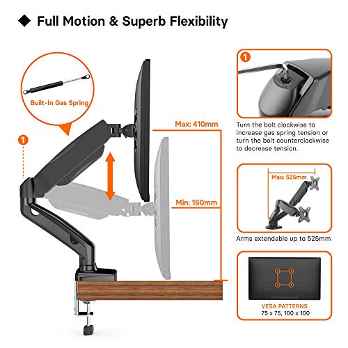 BONTEC Supporto Doppio Monitor da Scrivania per 13-27 inch Schermi, Braccio Doppio Monitor con Molla a Gas, Inclinazione e Girevole Braccio 2 Monitor con Morsetto Max VESA 100x100mm