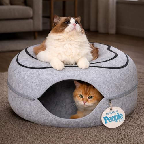 Peekaboo Cat Cave Donut - Cat Tunnel Bed for Indoor Cats Cute Patterns Hideaway for Multiple & Large Cats Scratch-Resistant (Light Gray)