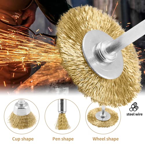 Image of 60 Pack Wire Wheel Brush Set, 1 /8 Inch Shank Pure Brass Brush Kit Rotary Buffing Brush Wheel, Rust Removal Tool Set, Wire Pen Brush + Bowl-Shape Brushes + T-Shape Brushes