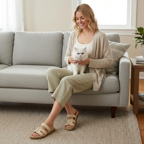ZEENXIUYA Women's Slide Sandals with Comfort Arch Support, Adjustable Velcro Summer Beach Slides, Lightweight Slip on H-Strap Leather Open Toe Wide Flat Sandal - image 2