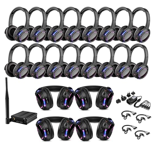 AYVVPII Professional Silent Disco LED Wireless Headphones and RF LED Silent Disco Earphones for iPod MP3 DJ Music Pary Club (20 led Headphone + 1 Transmitter)