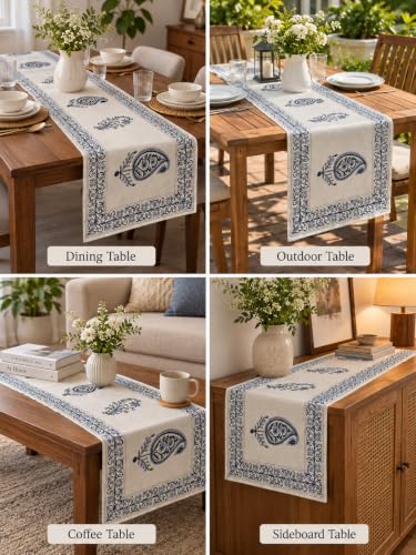 Image of Ravaiyaa - Attitude is Everything Hand Block Printed Cotton Table Runner | Floral Printed Table Runner for Home Decor, Kitchen | 60 x 16 Inch-(Blue Paisley)
