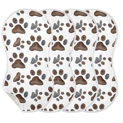 xigua Watercolor Paw Prints Muslin Baby Burp Cloths Set of 4, Super Soft & Absorbent Burping Rags, Cotton Burp Clothes Shower Gift for Newborn, Baby Girls and Boys3