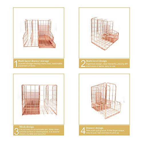 Rose Gold Mesh Desk Organizer Office Accessories (Give for Four Binder Clips) Multifunctional Desktop with 6 Compartments 1 Sliding Drawer for Home, Office, Cosmetic, Home Decor Box Storage