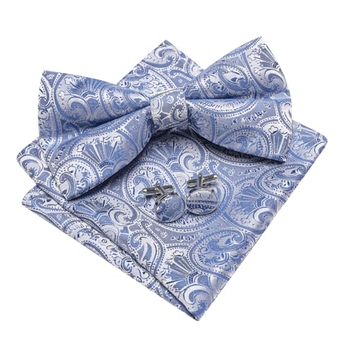 Image of Barry.Wang Paisley Striped Bow Tie for Men Silk Pre-Tied Bowtie Pocket Square Cufflinks Set Formal Wedding Party Prom