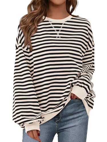 Image of PRETTYGARDEN Womens Striped Oversized Sweatshirt Color Block Crew Neck Long Sleeve Casual Loose Pullover Top Y2K Clothes