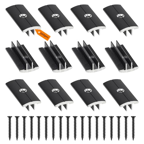 SUPAWAY 200 Pcs Clips Noir pour Planchers en Bois en Plastique T-Clips pour Planches de Terrasse 6 mm Espacement Entretoises Cachées avec 200 Vis pour...
