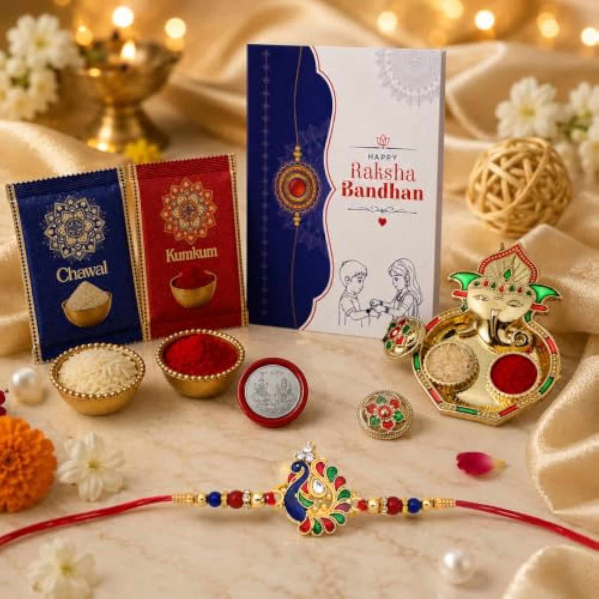 Stylish Peacock Rakhi for Brother with Pooja Thali