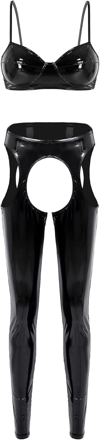 Sxiwei Woman's PU Leather Wet Look Bra Crop Top Hollow Out High Waist Legging 2 Piece Lingerie