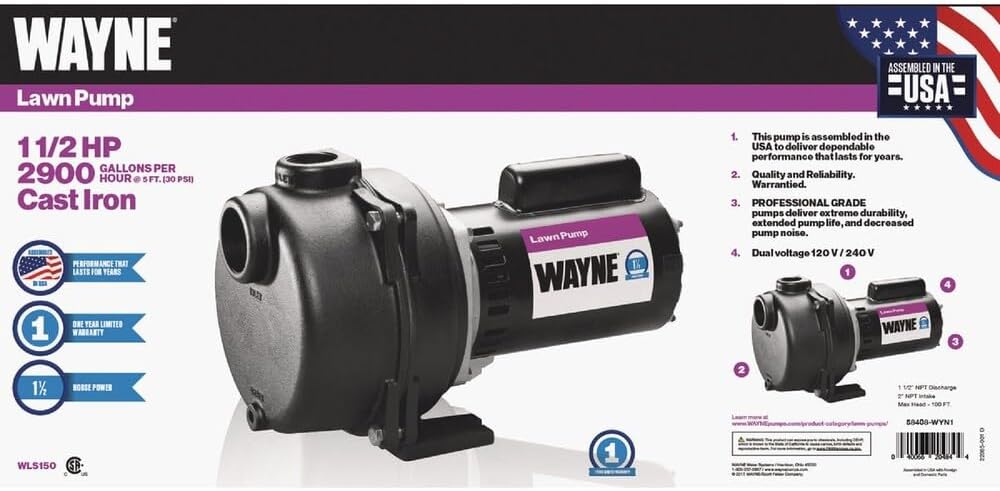 WAYNE WLS150-1 1/2 HP Cast Iron High Volume Lawn Sprinkling Pump - Up to 2,950 Gallons Per Hour - Heavy Duty Outdoor Pump for Sprinkler Systems