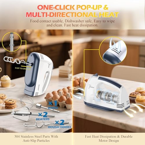 WADODO Electric Hand Mixer, 7-Speeds Small Handheld Mixer with 304 Stainless Steel Beaters, Dough Hooks & Whisk Attachment, Portable Food KitchenMixer for Baking Cake Cookies Cream, Light White - Image 4