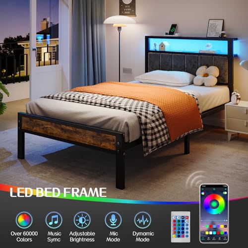 Image of Liians Twin Size Platform Bed Frame with LED Lights, Grey Upholstered Headboard with 2-Tier Storage Shelves, Charging Station, Noise Free, No Box Spring Needed, Easy Assemably