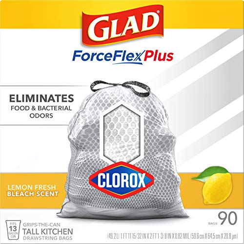 Glad Tall Kitchen Trash Bags ForceFlex Plus with Clorox, 13 Gallon, Lemon Fresh Bleach Scent 90 Count (Package May Vary)
