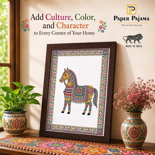 Image of PAPER PAJAMA Madhubani Vastu Horse Wall Art for Living Room | Traditional Indian Folk Painting | Mithila Art Framed Decor for Home, Office & Bedroom (10x13 Inches)