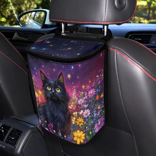 Image of Talayituse Cat Daisy Galaxy Print Car Trash Can with Lid, Leak Proof Auto Trash Bag Hanging Vehicle Garbage Can Multipurpose Storage Container for Back Seat Road Trip