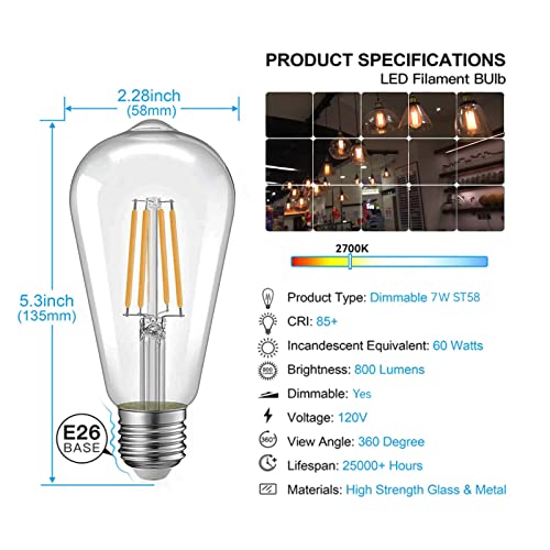 Image of Jensense Edison Bulbs E26 LED Bulb 60 Watt Equivalent, Vintage LED Light Bulbs CRI90+ ST19, Dimmable Clear Light Bulbs (2700k Warm White, 7watt-4 Pack)