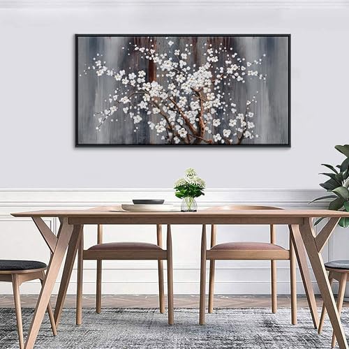 Image of Wall Art for Living Room Large Modern Wall Decor Canvas Paintings for Wall Decorations White Flower Brown Bedroom Office Artwork Plum Blossom Art Prints Framed 20x40IN