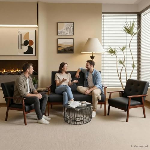 Image of JIASTING 50 inch W Solid Wood Loveseat Sofa, Upholstered Faux Leather Couch