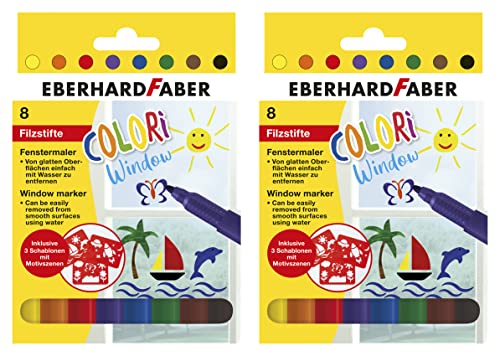 Eberhard Faber 550022 - Window Marker Colori, 8 Fensterstifte abwaschbar, inkl. 3 Schablonen (2 Packungen)