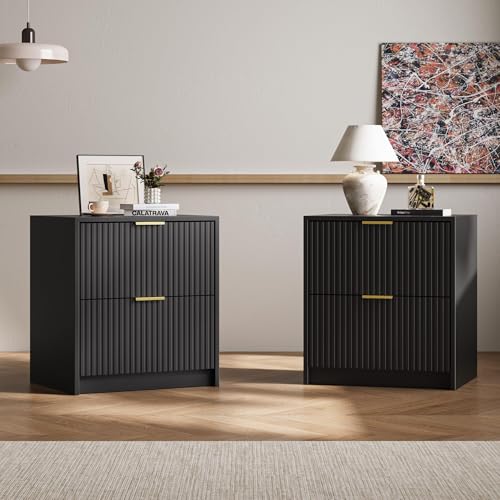 Image of MAISONARIA Fluted Nightstands Set of 2 with 2 Drawers, 19.6 inch Modern Storage Bedside Table with Golden Metal Handles, Wooden End Table for Bedroom, Black
