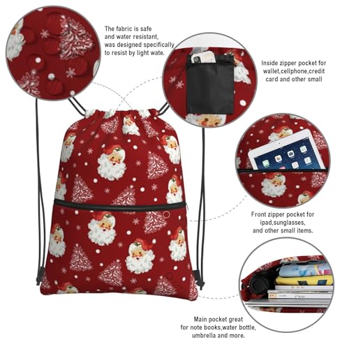 Image of Christmas Santa Claus Drawstring Backpack, Waterproof Snowflake Drawstring Bag for Gym Sports Xmas Party Gift, Women Men Durable Red Sackpack Bag with Front Zipper Pocket and Inside Zipper Pocket
