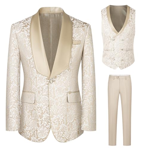 Men's Tuxedo Suits 3 Piece Wedding Prom Suits Embroidered Paisley Blazer Jacket Vest Pants Set for Party,Dinner