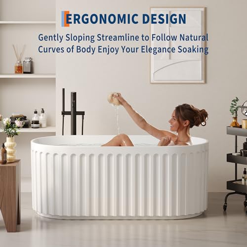 Image of GarveeLife Freestanding Bathtubs 59 inch Glossy White Acrylic Soaking Tub - Modern Striped Freestanding Bath Tub with Overflow, Pop-Up Drain & Hidden Drainage for Home Spa and Bathroom Upgrade