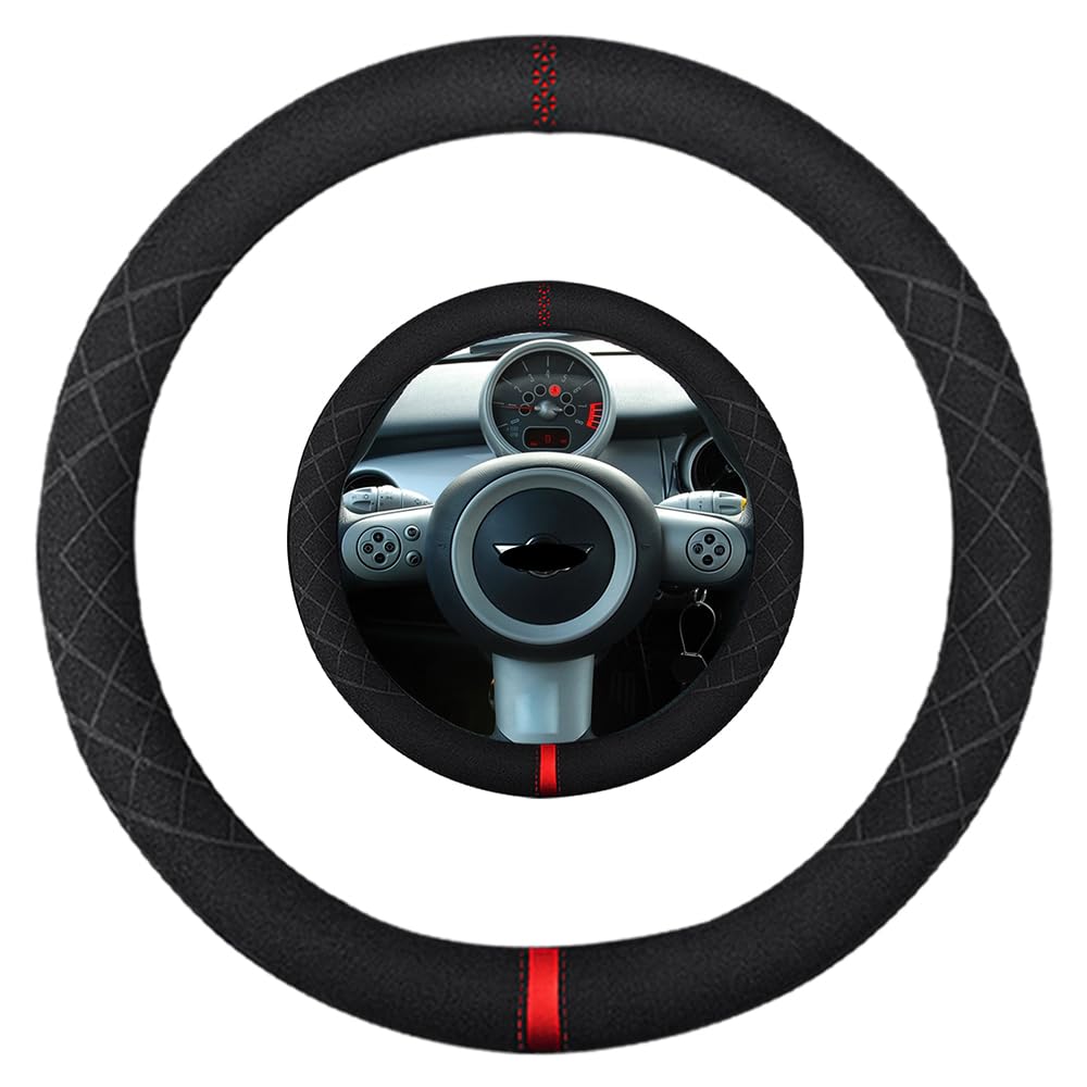K LAKEY Suede Steering Wheel Cover,Compatible with Mini Cooper 2004-2007 Alcantara Leather Sport Non-Slip Wheel Cover Car Interior Accessories 14-14 1/4 inch for Man and Women