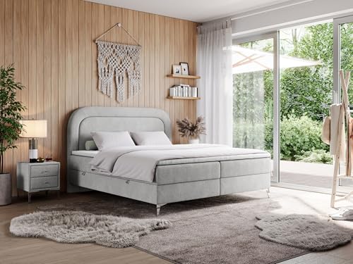MKS MEBLE Boxspringbett 120x200 mit Matratze H3 und Bettkasten, Bett 120x200 mit Stauraum, Polsterbett mit Kopfteil, Doppelbett - EIRA - Hellgrau Struktur - H3