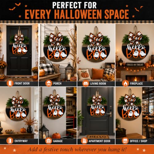 Image of Halloween Wreaths for Front Door Cute Ghost Hanger Sign Decorations Wreath (Hello Boo)