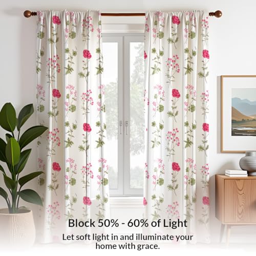Image of HOMEMONDE Door Curtains 7 Feet Single Piece - Printed Room Darkening Curtain, 65% Light Blocking Cotton Panels - (Pink Floral, 84 Inch)
