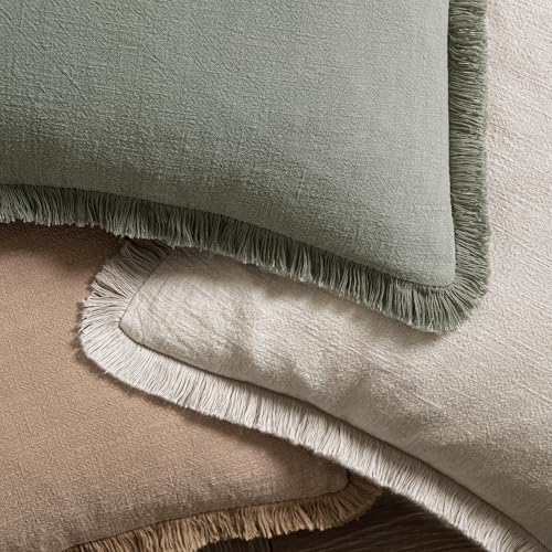 Image of MIULEE Decorative Throw Pillow Covers Neutral Linen Fringe Throw Pillows Euro Shams Set of 2 Natural Beige Boho Farmhouse Cushion Covers for Couch Sofa Bed Living Room Spring Home Decor 26x26 Inch