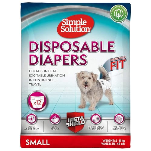 Image of Simple Solution Disposable Diapers for Dogs, Insta Shield Core, Leak-Proof, Fur-Friendly Fasteners, Ideal for Females in Heat, Incontinence & Travel - Pack of 12