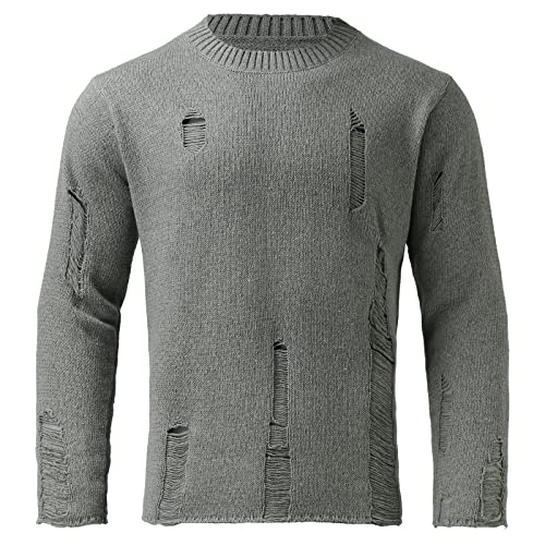 Crewneck Sweaters for Men Knitted Ripped Hole Distressed Casual Pullover Jumper Tops Long Sleeve Sweater3