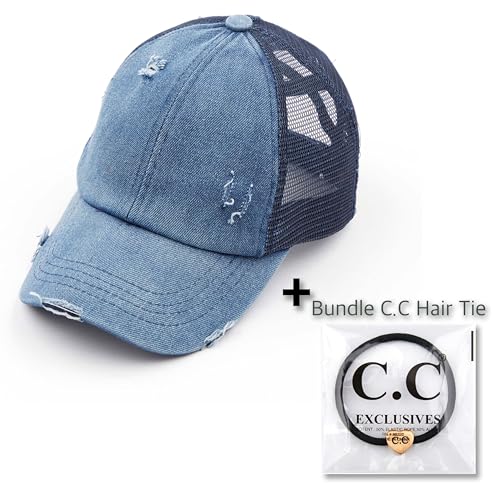 Image of C.C Exclusives Hatsandscarf Washed Distressed Cotton Denim Ponytail Hat Adjustable Baseball Cap (BT-13)
