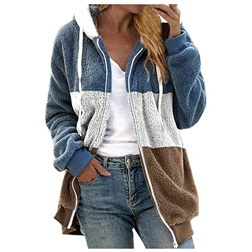 Fuzzy Fleece Jackets for Women Plus Size Hoodies Fall Winter Coats Color Block Patchwork Cardigan Coat with Pockets