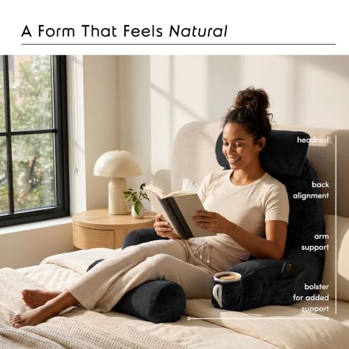 Image of Nestl Reading Pillow with Shredded Memory Foam Includes 2 Neck and Lumber Support Pillows, Designed for Sitting Up in Bed and Couch, Back and Arms Adjustable Support for Adult & Teens, Black