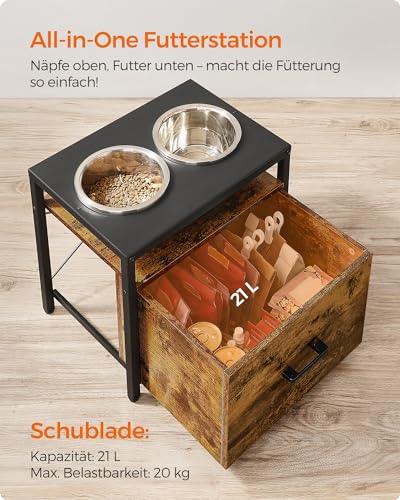 Feandrea Hundenapf erhöht, für große Hunde, Futternapf mit Gestell, erhöhter Fressnapf mit Schublade, Futterstation, 2 Schüsseln, 39 cm hoch, vintagebraun-schwarz PRB101X01V1