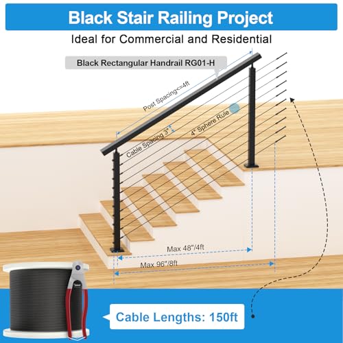 Image of RalinGo 4FT-8FT Swageless Cable Railing Post Kit with Handrail for Stairs, 36 inch T304 Stainless Steel Deck Cable Railing Kit for 25-35 Degrees Stair, Indoor Outdoor Surface Mount & Easy DIY