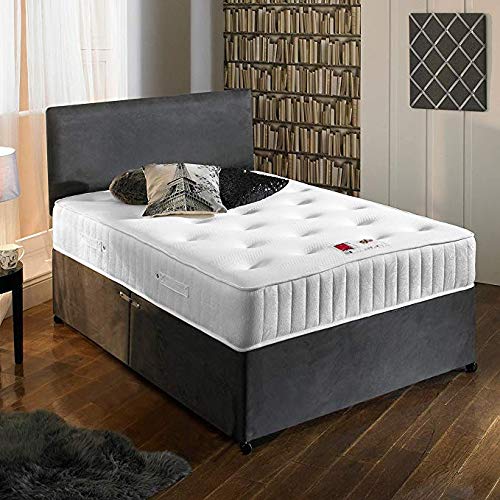 Sleep Factory LtdNew Charcoal Grey Luxury Suede Divan Bed Set With Orthopaedic Tufted Mattress With 2 Free Drawers & FREE Headboard (Small_Double (4.0FT))